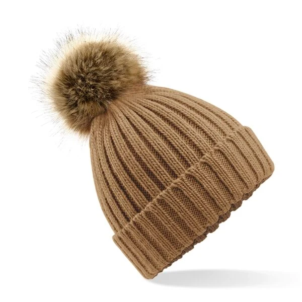 Bonnet chunky biscuit à grosses mailles avec pompon fausse fourrure amovible