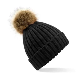 Bonnet chunky noir à grosses mailles avec pompon fausse fourrure amovible