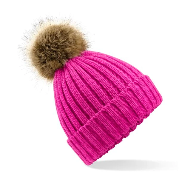 Bonnet chunky rose fushia à grosses mailles avec pompon fausse fourrure amovible