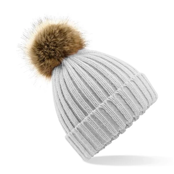 Bonnet chunky gris à grosses mailles avec pompon fausse fourrure amovible