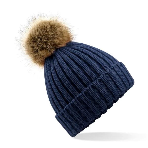 Bonnet chunky navy à grosses mailles avec pompon fausse fourrure amovible