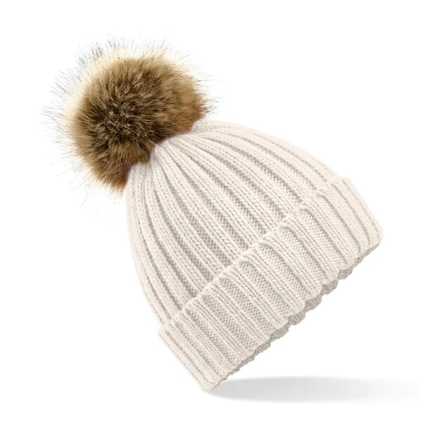 Bonnet chunky avoine à grosses mailles avec pompon fausse fourrure amovible