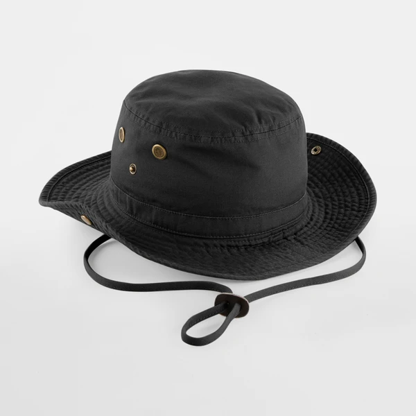 chapeau safari UPF50+ noir en coton, mentonnière cuir, vue de face