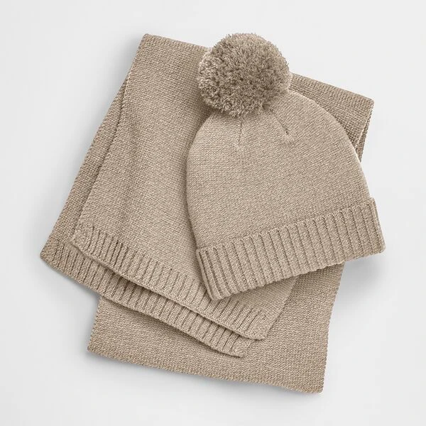 Ensemble bonnet écharpe avoine Beechfield, vue à plat