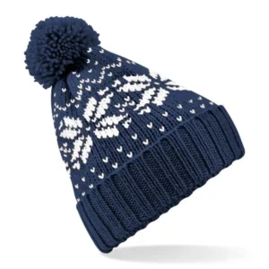 Bonnet snowstar bleu marine avec pompon unicolore Beechfield
