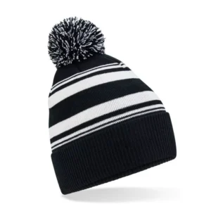 Bonnet rayé noir et blanc avec pompon bicolore