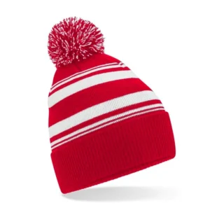 Bonnet rayé rouge et blanc avec pompon bicolore