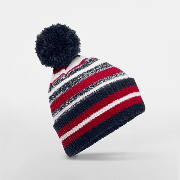 bonnet hiver rouge et navy Beechfield avec pompon, vue générale